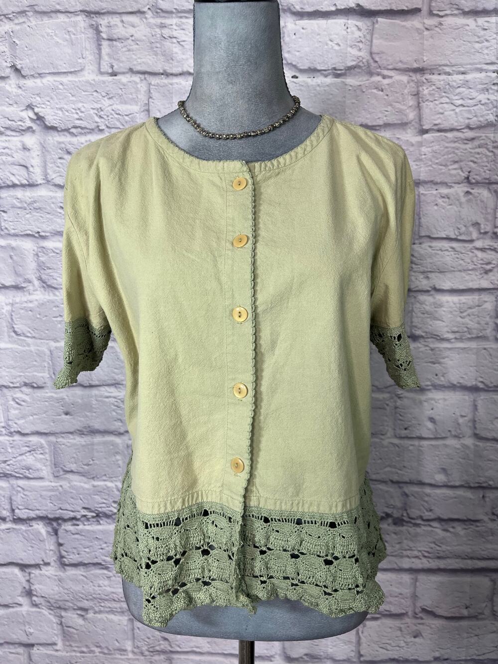 Vintage Boho Coastal Grandma Chic Cropped Blouse with Crochet Lace Accents